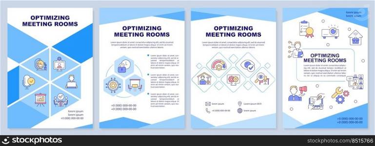 Optimizing meeting rooms blue brochure template. Business. Leaflet design with linear icons. Editable 4 vector layouts for presentation, annual reports. Arial-Black, Myriad Pro-Regular fonts used. Optimizing meeting rooms blue brochure template