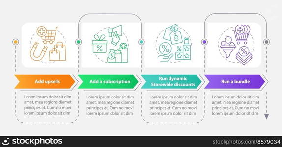 Optimizing online business rectangle infographic template. Data visualization with 4 steps. Editable timeline info chart. Workflow layout with line icons. Myriad Pro-Bold, Regular fonts used. Optimizing online business rectangle infographic template