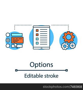 Options and settings concept icon. Technical support idea thin line illustration. Customer service. Vector isolated outline drawing. Editable stroke. Options and settings concept icon