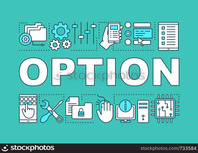 Options and settings word concepts banner. Technical support. Presentation, website. System administrator. Isolated lettering typography idea with linear icons. Vector outline illustration. Options and settings word concepts banner