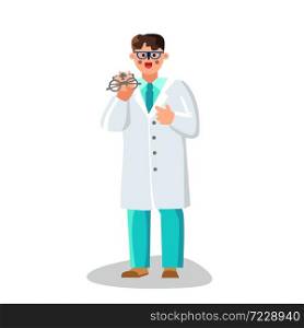 Optometrist Doctor Showing Trial Frame Vector. Optometrist Man Wearing White Robe And Eye Glasses Holding Vision Measuring Instrument, Medical Hospital Worker. Character Flat Cartoon Illustration. Optometrist Doctor Showing Trial Frame Vector