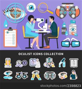 Optometrist eye examination 2 colorful ophthalmology center banners with sight test and oculist icons collection vector illustrations . Oculist Test Banners Icons