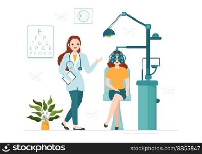 Optometrist with Ophthalmologist Checks Patient Sight, Optical Eye Test and Spectacles Technology in Flat Cartoon Hand Drawn Templates Illustration