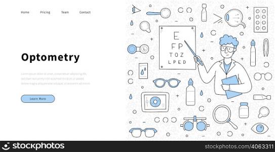 Optometry banner with doctor ophthalmologist in glasses with eye test chart. Vector landing page of ophthalmology medical check with hand drawn illustration of man optometrist, drops, pills and lenses. Optometry banner with doctor ophthalmologist
