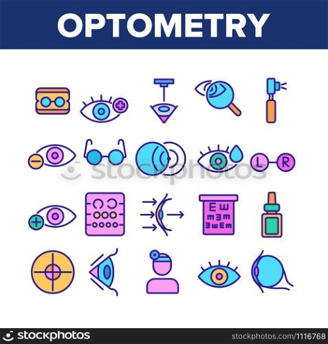 Optometry Eye Health Collection Icons Set Vector Thin Line. Eyeglasses And Doctor Optometry Oculist, Medical Equipment, Medicine Drops Concept Linear Pictograms. Color Contour Illustrations. Optometry Eye Health Collection Icons Set Vector