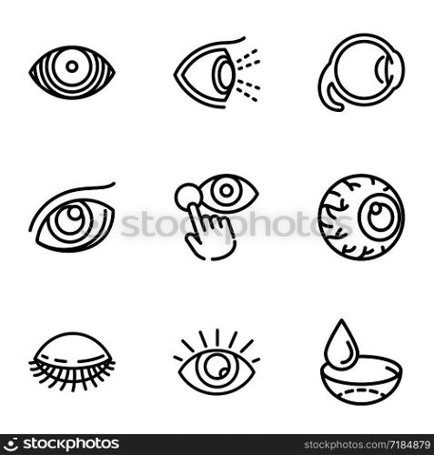 Optometry icon set. Outline set of 9 optometry vector icons for web design isolated on white background. Optometry icon set, outline style