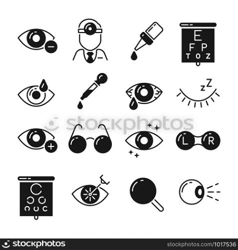 Optometry icons. Eye and glasses, vision and lens, laser surgery signs. Ophthalmology eyes treatment exam, surgery tools and ophthalmoscope medical concept vector isolated symbols set. Optometry icons. Eye and glasses, vision and lens, laser surgery signs. Ophthalmology vector symbols