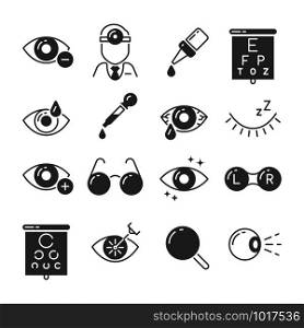 Optometry icons. Eye and glasses, vision and lens, laser surgery signs. Ophthalmology eyes treatment exam, surgery tools and ophthalmoscope medical concept vector isolated symbols set. Optometry icons. Eye and glasses, vision and lens, laser surgery signs. Ophthalmology vector symbols