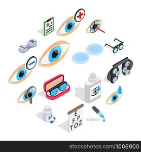Optometry icons set in isometric 3d style. Care and eye health set collection vector illustration. Optometry icons set, isometric 3d style
