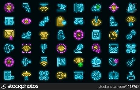 Optometry icons set. Outline set of optometry vector icons neon color on black. Optometry icons set vector neon
