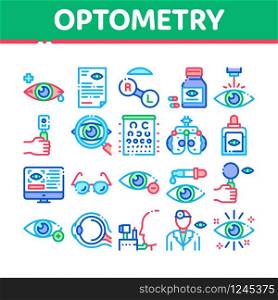 Optometry Medical Aid Collection Icons Set Vector. Optometry Doctor Equipment And Pills Bottle, Eye Drops And Glasses, Research And Health Concept Linear Pictograms. Color Illustrations. Optometry Medical Aid Collection Icons Set Vector