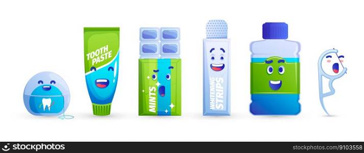 Oral care characters. Teeth hygiene products with cute faces and different emotions, cartoon dentistry personages, mouth cleaning concept. Vector set. Fresh breath and mouth healthcare. Oral care characters. Teeth hygiene products with cute faces and different emotions, cartoon dentistry personages, mouth cleaning concept. Vector set