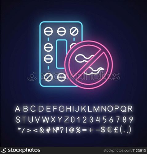 Oral contraceptive neon light icon. Pharmaceutical product to prevent pregnancy. Birth control pills. Safe sex. Glowing sign with alphabet, numbers and symbols. Vector isolated illustration
