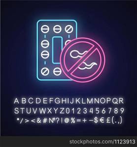 Oral contraceptive neon light icon. Pharmaceutical product to prevent pregnancy. Birth control pills. Safe sex. Glowing sign with alphabet, numbers and symbols. Vector isolated illustration