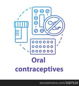 Oral contraceptives blue concept icon. Safe sex. Hormonal drugs. Pharmaceutical pills for healthy intercourse. Medication idea thin line illustration. Vector isolated outline drawing