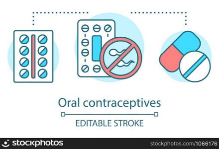Oral contraceptives concept icon. Birth control method. Hormonal contraception. Preventing unwanted pregnancy. Safe sex idea thin line illustration. Vector isolated outline drawing. Editable stroke