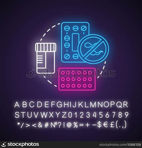 Oral contraceptives neon light concept icon. Safe sex. Hormonal drugs. Pharmaceutical pills for intercourse idea. Glowing sign with alphabet, numbers and symbols. Vector isolated illustration