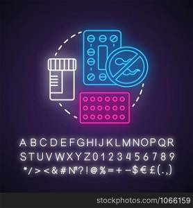 Oral contraceptives neon light concept icon. Safe sex. Hormonal drugs. Pharmaceutical pills for intercourse idea. Glowing sign with alphabet, numbers and symbols. Vector isolated illustration