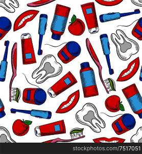 Oral hygiene and dental care colorful background with sketchy seamless pattern of healthy teeth, toothbrushes, floss boxes, toothpaste, pretty smile and red apples fruits. May be used as dentistry, health care theme or textile print design. Oral hygiene and dental care seamless pattern