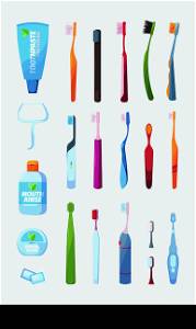 Oral hygiene. Medical equipment for cleaning teeth toothbrushes orthodontic tools pasta mouthwashes water garish vector set. Illustration of dental hygiene and oral healthcare. Oral hygiene. Medical equipment for cleaning teeth toothbrushes orthodontic tools pasta mouthwashes water garish vector set