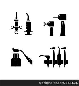 Oral surgery tools black glyph icons set on white space. Irrigation syringe. Brightening teeth. Resin dental material. Orthodontic instruments. Silhouette symbols. Vector isolated illustration. Oral surgery tools black glyph icons set on white space
