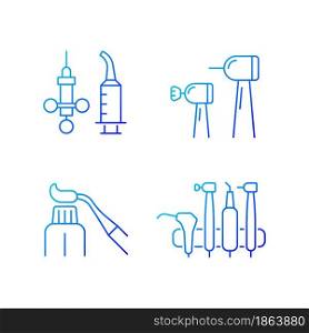 Oral surgery tools gradient linear vector icons set. Irrigation syringe. Brightening teeth. Resin dental material. Thin line contour symbols bundle. Isolated outline illustrations collection. Oral surgery tools gradient linear vector icons set