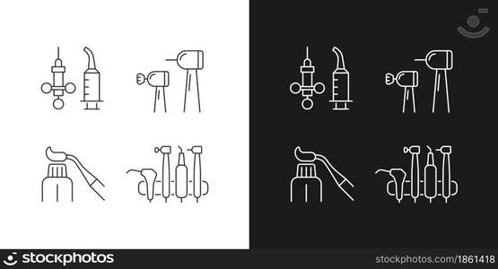 Oral surgery tools linear icons set for dark and light mode. Irrigation syringe. Brightening teeth. Customizable thin line symbols. Isolated vector outline illustrations. Editable stroke. Oral surgery tools linear icons set for dark and light mode