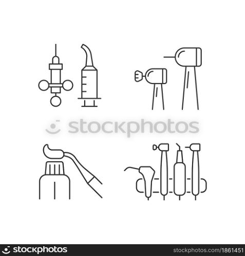 Oral surgery tools linear icons set. Irrigation syringe. Brightening teeth. Resin dental material. Customizable thin line contour symbols. Isolated vector outline illustrations. Editable stroke. Oral surgery tools linear icons set