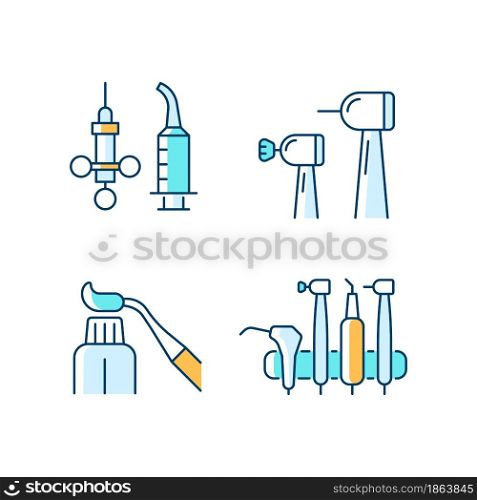 Oral surgery tools RGB color icons set. Irrigation syringe. Brightening teeth. Resin dental material. Orthodontic instruments. Isolated vector illustrations. Simple filled line drawings collection. Oral surgery tools RGB color icons set