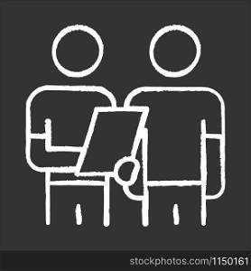 Oral survey chalk icon. Two people Interviewing. Question and answer. Teamwork and communication. Dialogue and talk. Recruiter with employee. Info collection. Isolated vector chalkboard illustration