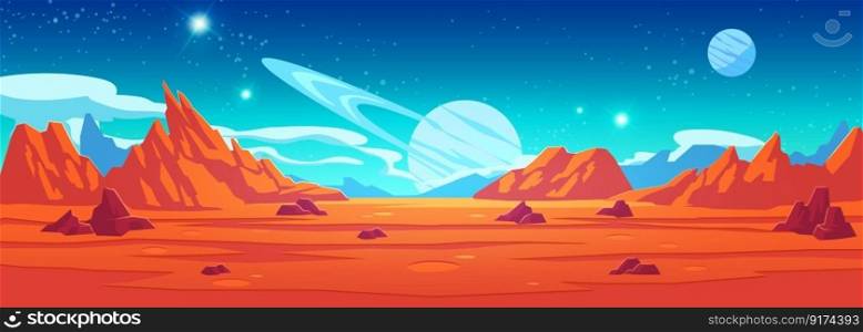Orange alien space planet game cartoon background. Fantasy world landscape with mountain and rock land desert surface. Red stone ground with crater, moon and saturn, star sparkle in sky galaxy. Orange alien space planet game cartoon background