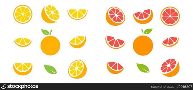 Orange and grapefruit fruits slices set. Tangerine collection. Vector illustration isolated on white.. Orange and grapefruit fruits slices set.