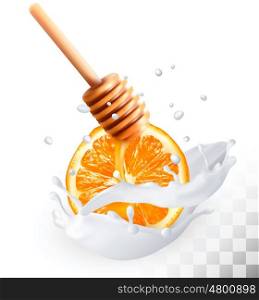 Orange and honey in a milk splash on a transparent background. Vector.