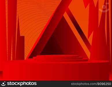 Orange and red cylinder pedestal podium. Stage showcase minimal geometric forms, empty scene. Futuristic vector 3D room mockup product display. Abstract Sci-fi presentation.