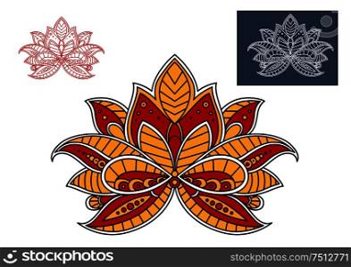 Orange and red persian paisley flower with oriental stylized petals, adorned by ornament, for interior design. Orange and red persian paisley flower