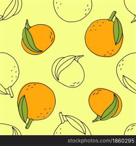 Orange and tangerine seamless pattern. Fruit with leaves sketch. Color food vector illustration. Mandarin