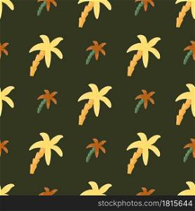 Orange and yellow colored palm tree elements seamless pattern. Brown background. Nature artwork. Designed for fabric design, textile print, wrapping, cover. Vector illustration.. Orange and yellow colored palm tree elements seamless pattern. Brown background. Nature artwork.