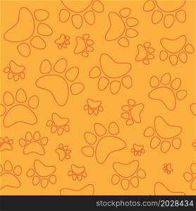Orange animal track, cat, dog paw seamless pattern. Vector illustration.