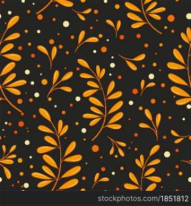 Orange autumn leaves on a black background, vector pattern. Seamless background with beautiful fallen leaves and sheets. Fall pattern.. Orange autumn leaves on a black background, vector pattern.