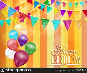 Orange background with bunting and color balloons for celebrations of birthday.Vector