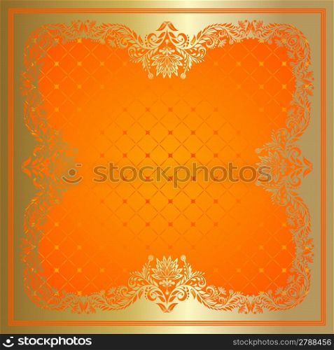 Orange background with gold frame from flowers and leaves