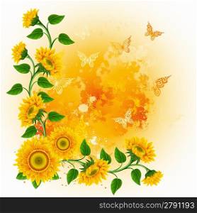 Orange background with sunflowers and butterflies.