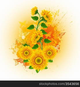 Orange background with sunflowers and butterflies.