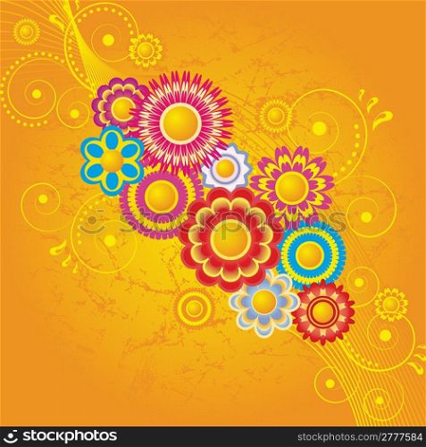 Orange background with swirls and an abstract flowers