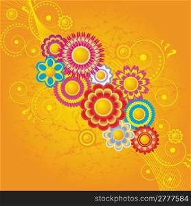 Orange background with swirls and an abstract flowers