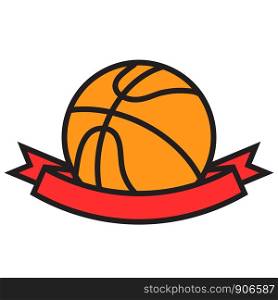 Orange basketball ball with red winner ribbon tape cartoon flat design, stock vector illustration