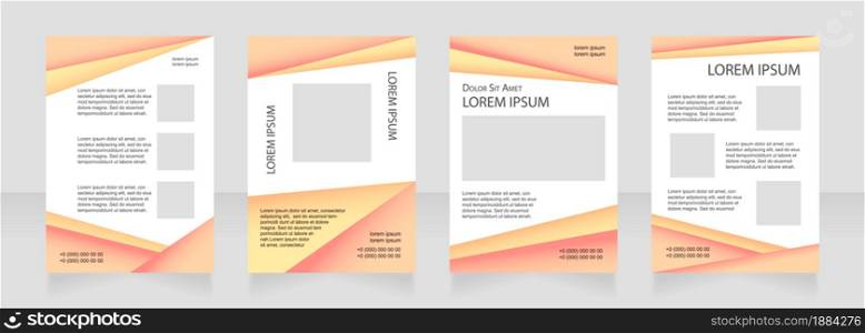 Orange blank brochure layout design. Promotional sheets. Vertical poster template set with empty copy space for text. Premade corporate reports collection. Editable flyer paper pages. Orange blank brochure layout design