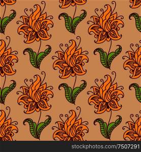 Orange blooming flowers on green leafy stems adorned by floral twirls seamless pattern for wallpaper or fabric design. Orange flowers retro seamless pattern