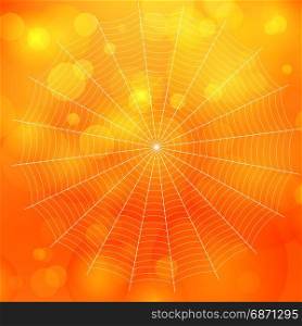 orange blurred bokeh halloween background with spiders web, Vector illustration.