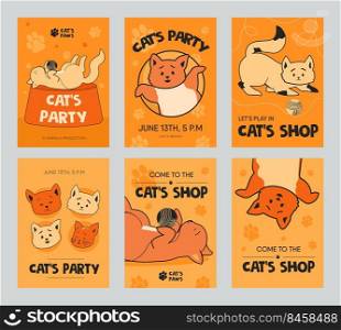 Orange brochure designs with funny kittens for shop or party. Playful cats playing with clew. Pets and domestic animals concept. Template for promotional leaflet or flyer